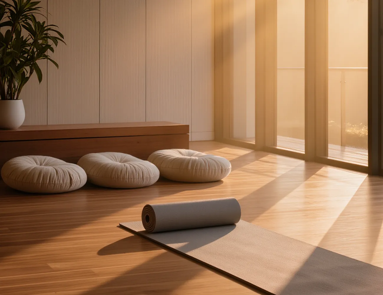 Low evening light falling in stripes across the studio floor, a rolled mat and three cushions by the wall.