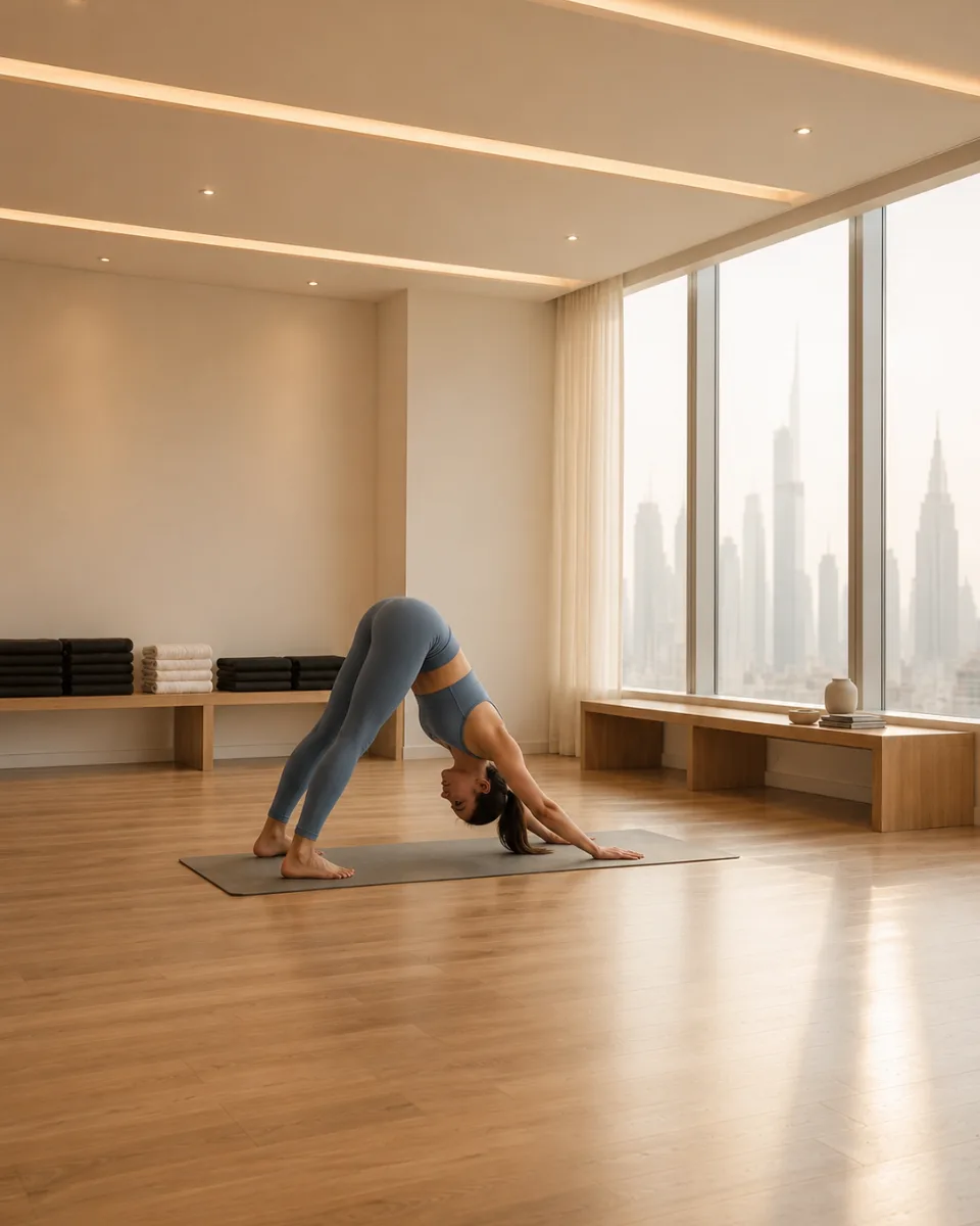 The studio at midday: an oak floor, one mat, a person in downward dog and the hazy Marina skyline through the window.